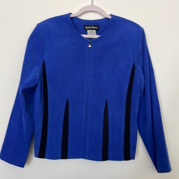cobalt blue & black suede like spandex jacket zip up vintage Kari’s Place 90s - Picture 1 of 5
